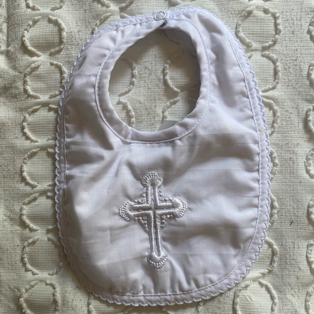 Elegant Baby White Religious Cross Christening Bib - Like New
